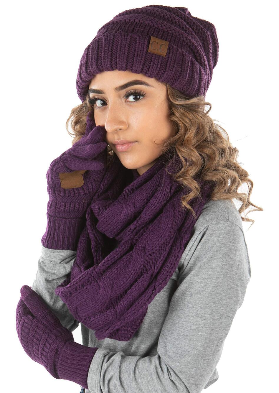 2443 Knitted Beanie Infinity Scarf and Fleece Lined Touchscreen Gloves Set